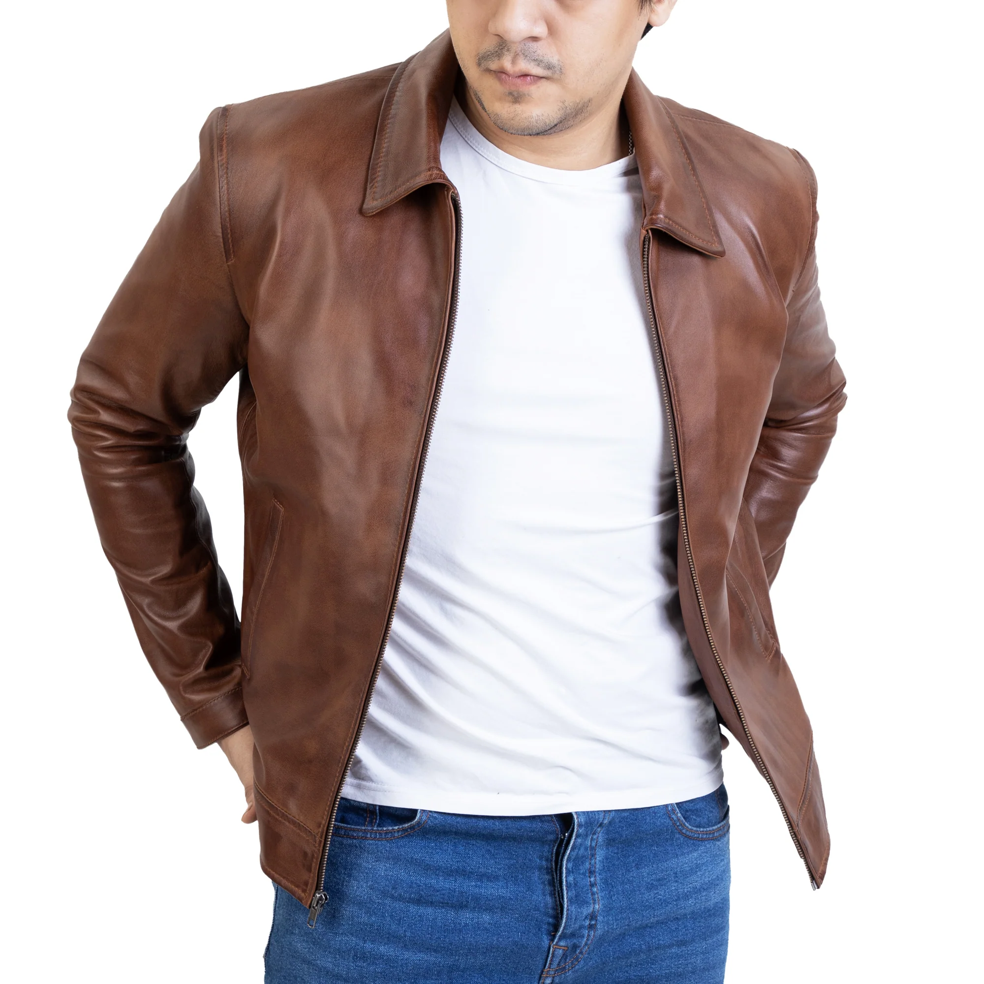 Men's Brown Harrington Collar Shirt Premium Leather Jacket